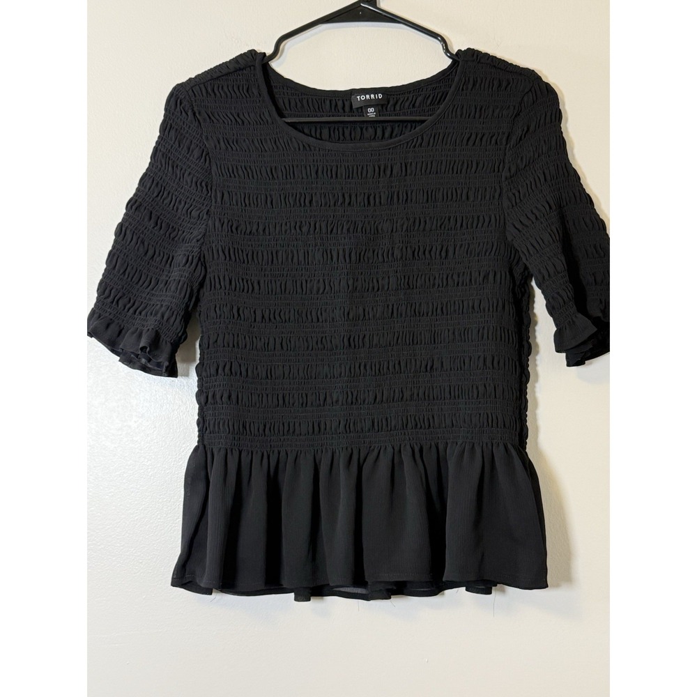 Torrid Peplum Chiffon Smocked Top Black Ruffles Stretchy Goth M/L 10